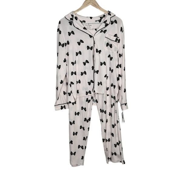 Kate Spade New York Pink Black Bow Print Two Piece Pants Pajama Set Size Large - Picture 2 of 11